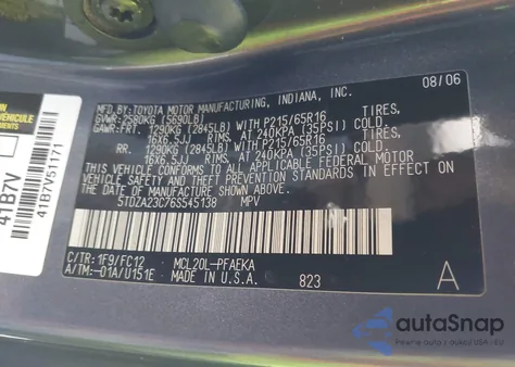 2006 Toyota Sienna Le z USA, uszkodzony, nr VIN 5TDZA23C76S545138